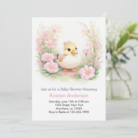 Waterverf Roze Wildflower Duck Meisje Baby shower Kaart (Staand voorkant)