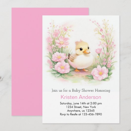 Waterverf Roze Wildflower Duck Meisje Baby shower Kaart (Voorkant / Achterkant)