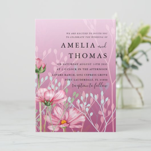 Waterverf Roze Wildflower & Foliage Bruiloft Kaart (Staand voorkant)