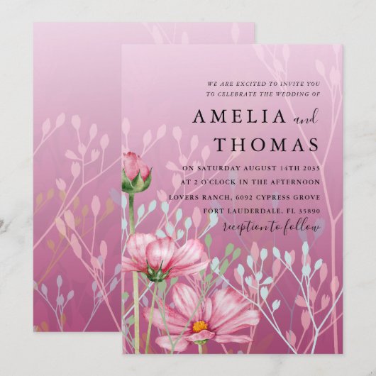 Waterverf Roze Wildflower & Foliage Bruiloft Kaart (Voorkant / Achterkant)