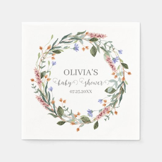 Waterverf Roze Wildflower Rustiek Boho Baby shower Servet (Voorkant)