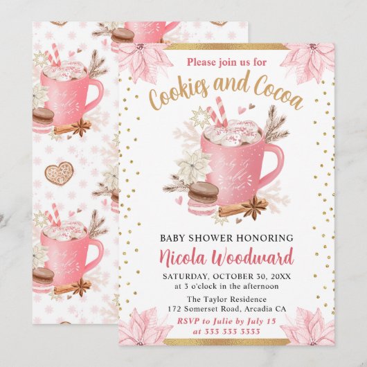 Waterverf Roze Winterkoekjes & Cacao Baby Shower Kaart (Voorkant / Achterkant)