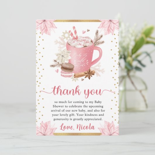 Waterverf Roze Winterkoekjes en cacaoBaby shower Bedankkaart (Staand voorkant)