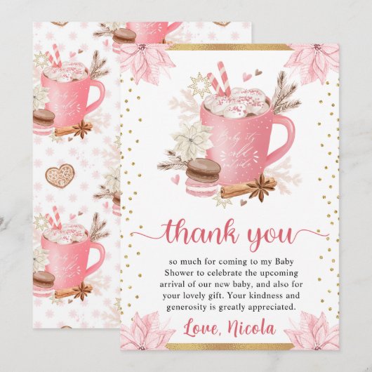 Waterverf Roze Winterkoekjes en cacaoBaby shower Bedankkaart (Voorkant / Achterkant)