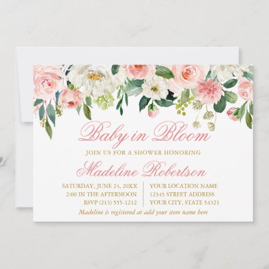 Waterverf Roze Wit Bloemen Baby in Bloemdouche Kaart (Voorkant)