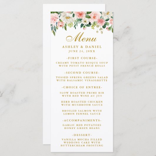 Waterverf Roze Wit Bloemen Bruiloft Goud Menu (Voorkant / Achterkant)