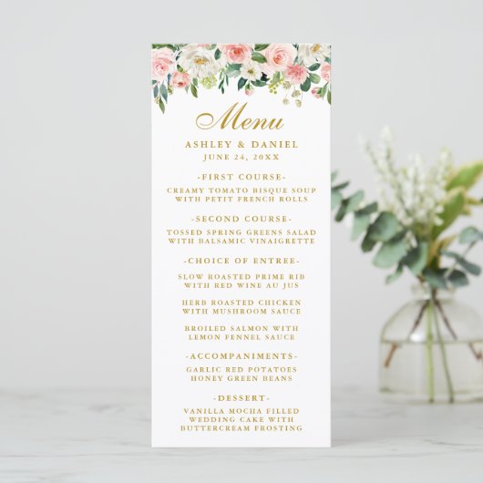 Waterverf Roze Wit Bloemen Bruiloft Goud Menu (Staand voorkant)