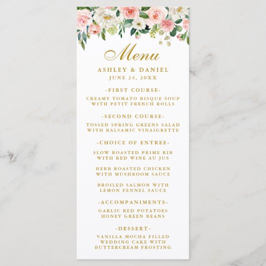 Waterverf Roze Wit Bloemen Bruiloft Goud Menu (Voorkant)