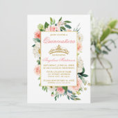 Waterverf Roze Wit Bloemengoud Quinceanera Kaart (Staand voorkant)