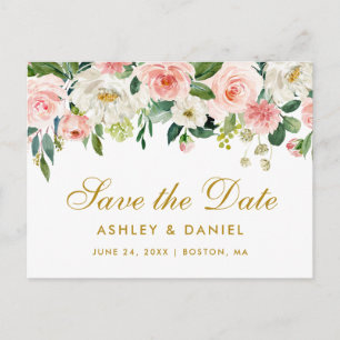 Waterverf Roze Wit Bloemengoud Save the Date Aankondigingskaart