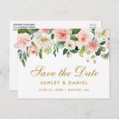 Waterverf Roze Wit Bloemengoud Save the Date Aankondigingskaart (Voorkant / Achterkant)