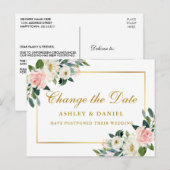 Waterverf Roze wit Floral Gold verander de datum Briefkaart (Voorkant / Achterkant)