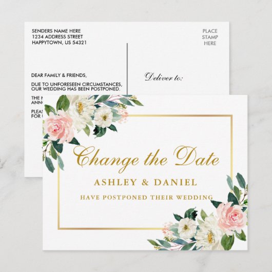 Waterverf Roze wit Floral Gold verander de datum Briefkaart (Voorkant / Achterkant)