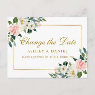 Waterverf Roze wit Floral Gold verander de datum Briefkaart