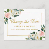 Waterverf Roze wit Floral Gold verander de datum Briefkaart (Voorkant)