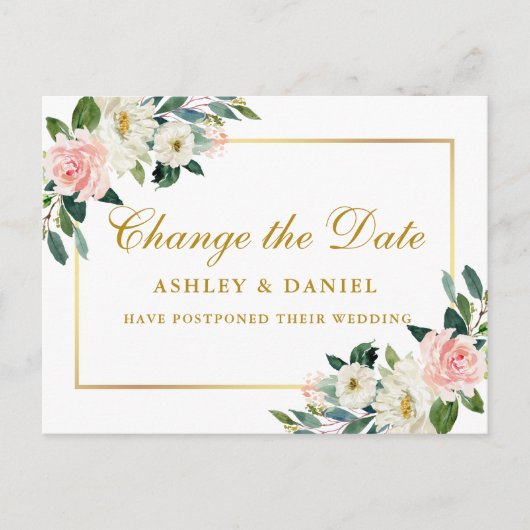 Waterverf Roze wit Floral Gold verander de datum Briefkaart (Voorkant)