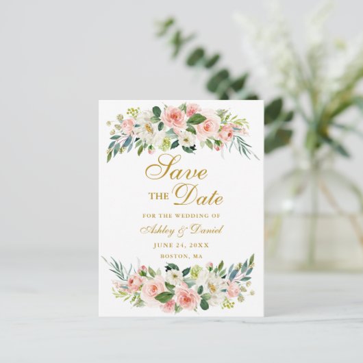 Waterverf Roze wit goud sparen de Datum Aankondigingskaart (Staand voorkant)