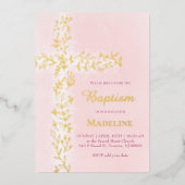 waterverf roze wit gouden kruis Doop Folie Uitnodiging (Voorkant)