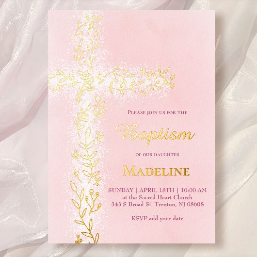 waterverf roze wit gouden kruis Doop Folie Uitnodiging