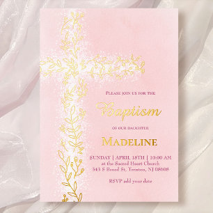 waterverf roze wit gouden kruis Doopfeest Folie Uitnodiging