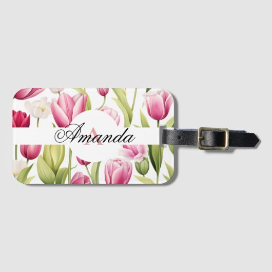 Waterverf Roze & Wit Monogram Tulpenpatroon Bagagelabel (Voorkant (horizontaal))
