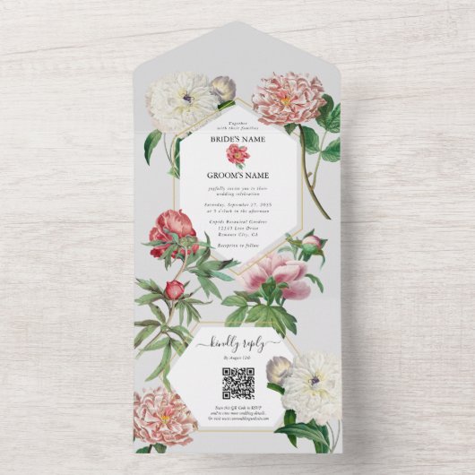 Waterverf Roze Wit Pioenrozen Bloemen Bruiloft All In One Uitnodiging (Binnen)