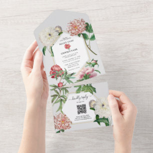 Waterverf Roze Wit Pioenrozen Bloemen Bruiloft All In One Uitnodiging