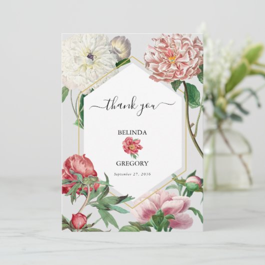 Waterverf Roze Wit Pioenrozen Bloemen Bruiloft Bedankkaart (Staand voorkant)