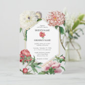 Waterverf Roze Wit Pioenrozen Bloemen Bruiloft Kaart (Staand voorkant)