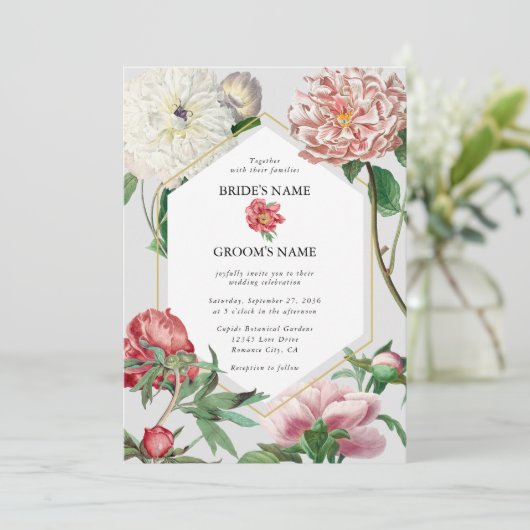 Waterverf Roze Wit Pioenrozen Bloemen Bruiloft Kaart (Staand voorkant)