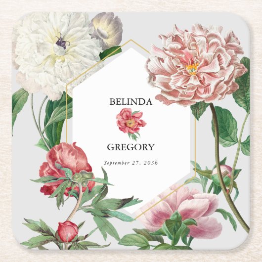 Waterverf Roze Wit Pioenrozen Bloemen Bruiloft Kartonnen Onderzetters (Voorkant)