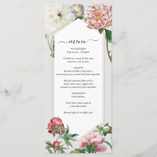 Waterverf Roze Wit Pioenrozen Bloemen Bruiloft Menu (Voorkant)