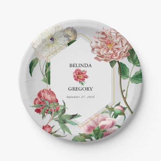 Waterverf Roze Wit Pioenrozen Bloemen Bruiloft Papieren Bordje (Voorkant)