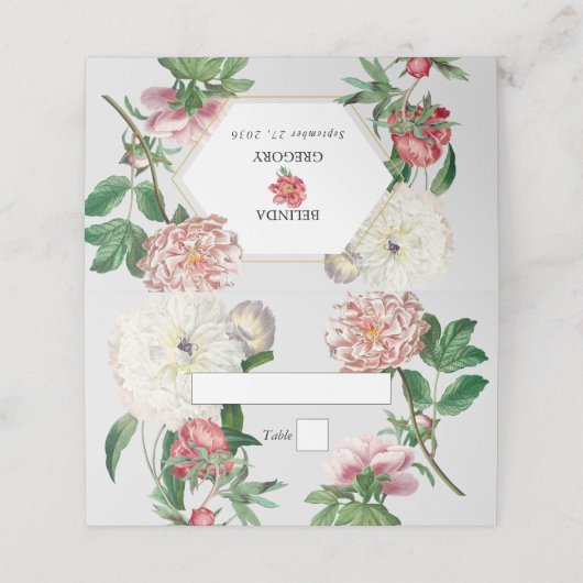 Waterverf Roze Wit Pioenrozen Bloemen Bruiloft Plaatskaartje (Buitenkant ongevouwen)