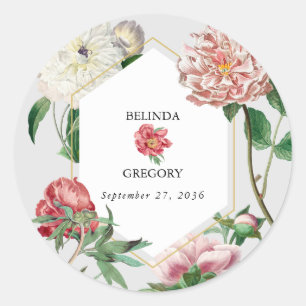 Waterverf Roze Wit Pioenrozen Bloemen Bruiloft Ronde Sticker