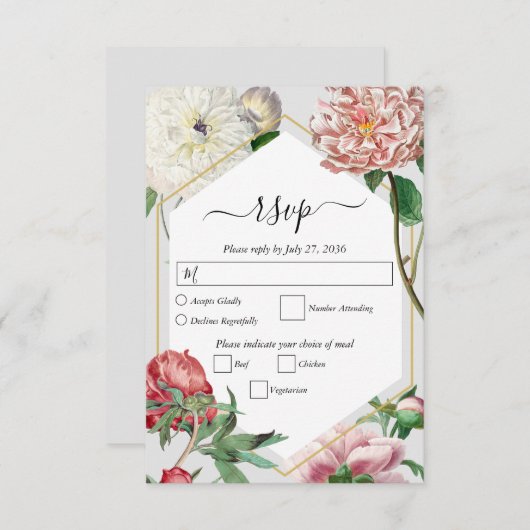 Waterverf Roze Wit Pioenrozen Bloemen Bruiloft RSVP Kaartje (Voorkant / Achterkant)