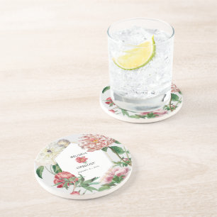 Waterverf Roze Wit Pioenrozen Bloemen Bruiloft Zandsteen Onderzetter