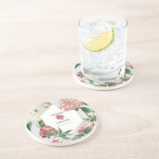 Waterverf Roze Wit Pioenrozen Bloemen Bruiloft Zandsteen Onderzetter (Zijkant)