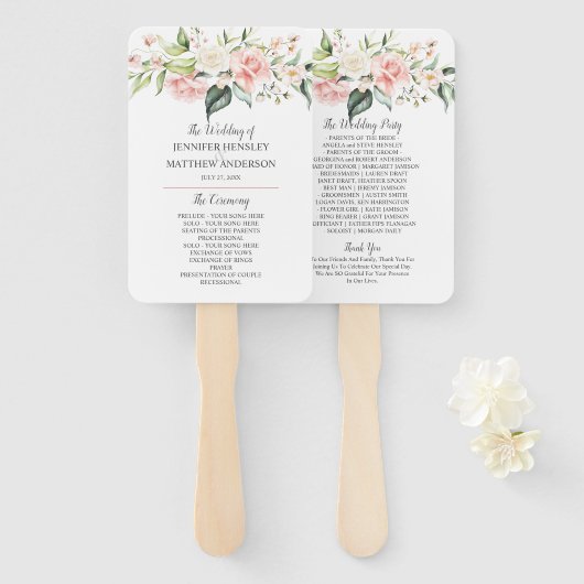 Waterverf Roze Wit Rozen Eucalyptus Groen Handwaaier (Voorkant en achterkant)