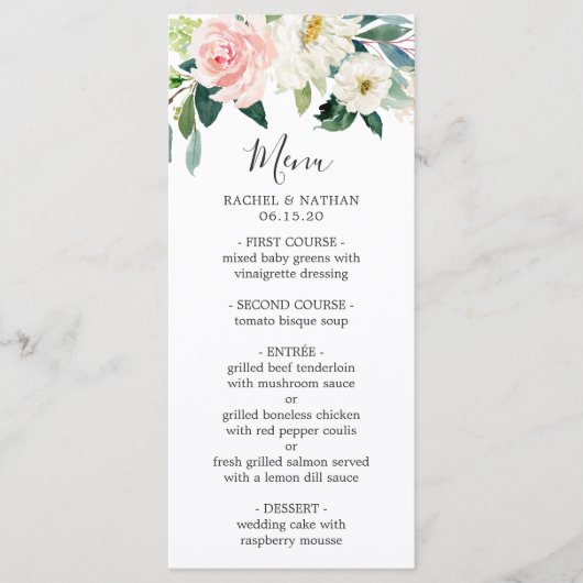 Waterverf Roze & Witte Bloem Bruidsboeket Menu (Voorkant)