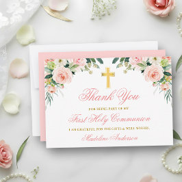 Waterverf Roze Witte Bloem Gouden Eerste Communie Bedankkaart