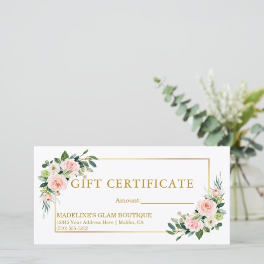 Waterverf Roze Witte Bloemen Goud Cadeaubon (Staand voorkant)
