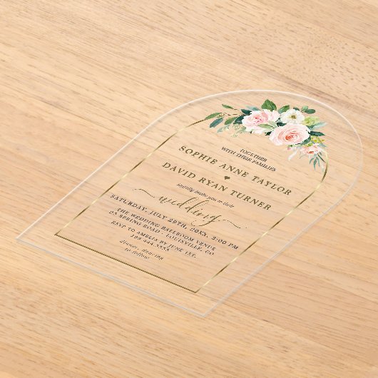 Waterverf Roze Witte Bloemen Gouden Boog Bruiloft Acryl Uitnodigingen (Laagn)