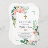 Waterverf Roze Witte Bloemen Groen Lijst Baptisme Kaart (Voorkant / Achterkant)