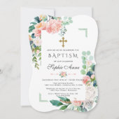 Waterverf Roze Witte Bloemen Groen Lijst Baptisme Kaart (Voorkant)