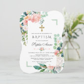 Waterverf Roze Witte Bloemen Groen Lijst Baptisme Kaart (Staand voorkant)