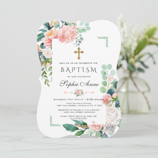 Waterverf Roze Witte Bloemen Groen Lijst Baptisme Kaart (Staand voorkant)