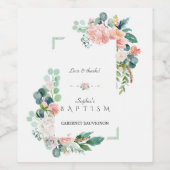 Waterverf Roze Witte Bloemen Groen Lijst Baptisme Wijn Etiket (Enkel label)