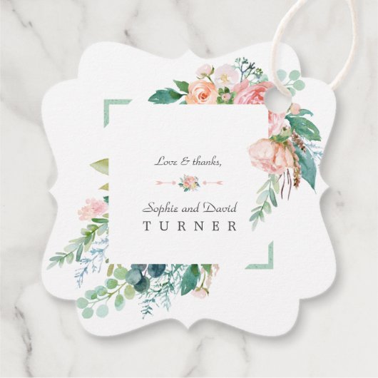 Waterverf Roze Witte Bloemen Groen Lijst Weddensch Bedankjes Labels (Achterkant)