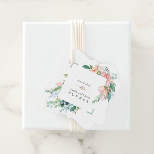 Waterverf Roze Witte Bloemen Groen Lijst Weddensch Bedankjes Labels (In situ)